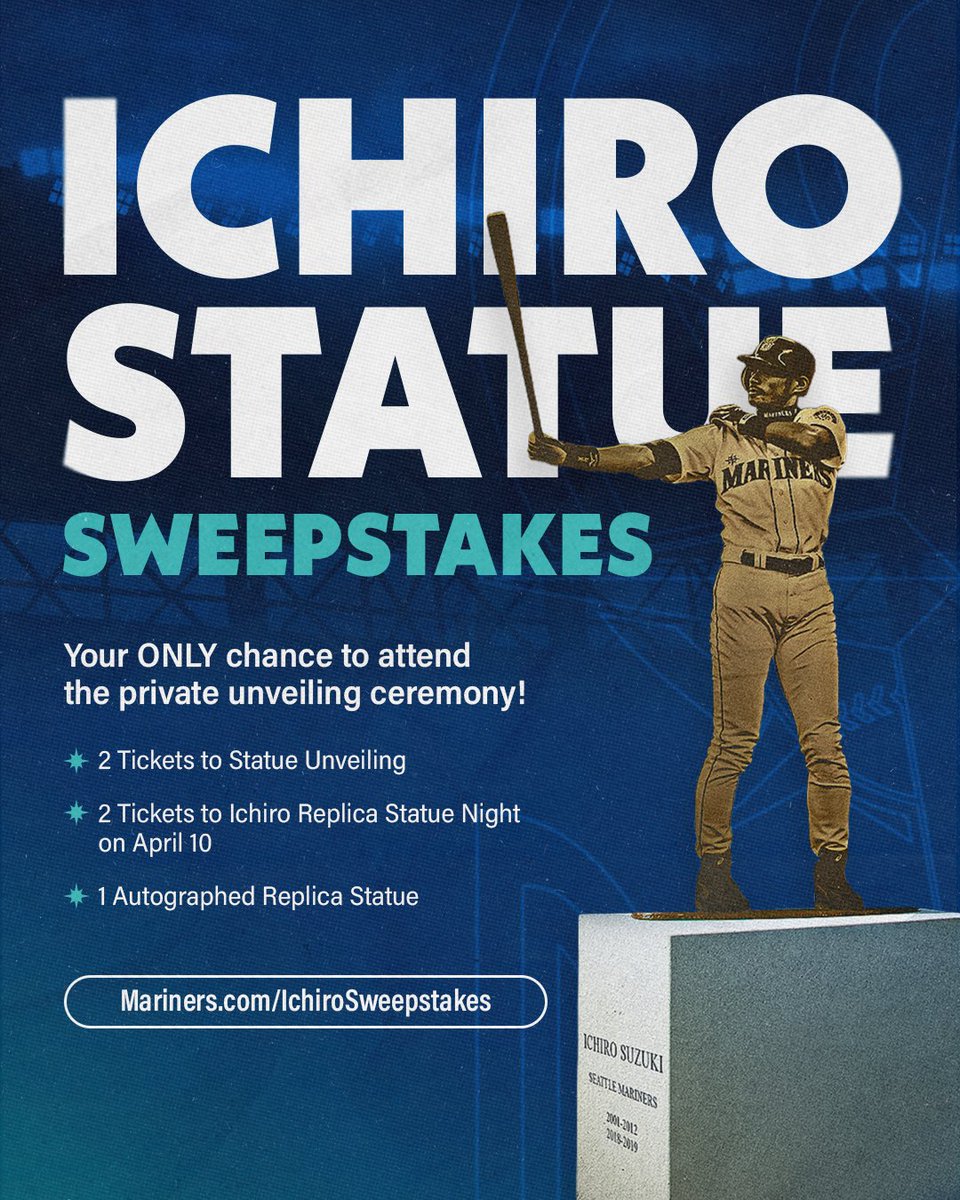 This is your chance to be one of the first to see Ichiro’s statue 👀

Enter for a chance to win two tickets to the private unveiling ceremony, two tickets to Ichiro Replica Statue Night on Friday, April 10, and an autographed Ichiro Replica Statue.

🔗 Mariners.com/IchiroSweepsta…