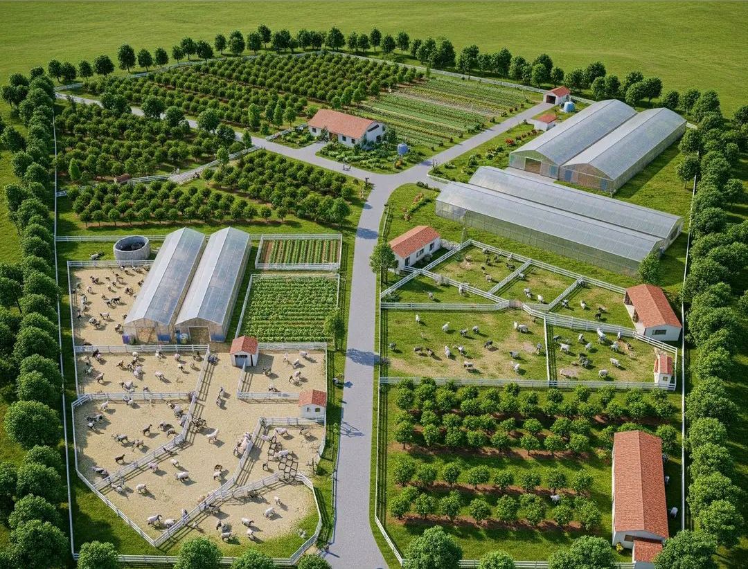 AimePatrickIra1's tweet photo. One Farm. Multiple Enterprises. Maximum Profit: The Power of Integrated Farming

Look at this aerial view and take a moment to absorb everything you see. An orchard of fruit trees lining the boundaries. Greenhouse structures for controlled crop production. Open vegetable gardens in neat rows. Livestock pens with cattle and goats grazing. Dedicated animal housing. Pathways connecting every section with purpose and order. This is not several farms, this is ONE farm operating as a complete, self-sustaining ecosystem. This is Integrated Farming System, and it represents the smartest way to farm in the modern world.

What Is Integrated Farming?
Integrated Farming System (IFS) is an approach that deliberately combines multiple agricultural enterprises on the same piece of land so that each component supports and benefits the others. Crops feed animals. Animal waste fertilises crops. Greenhouse production extends growing seasons. Orchards provide shade, windbreaks, and fruit income simultaneously. Nothing is wasted. Everything has a purpose.

What This Farm Is Doing Right
Looking at this layout, several brilliant decisions stand out. The fruit orchard runs along the outer boundary, acting as a natural windbreak protecting inner crops while generating fruit income. The greenhouses allow year-round production of high-value vegetables and seedlings regardless of weather conditions outside. The open vegetable beds produce fresh crops for markets and household consumption. The livestock section with what appears to be cattle and goats provides manure that cycles back as organic fertiliser for the crops, dramatically reducing the need for expensive synthetic fertilisers. The structured pathways between sections allow efficient movement of labour, equipment, and produce without damaging crops or disturbing animals.

Why Every Farmer Should Consider This Model
The greatest vulnerability of single-enterprise farming is total dependence on one income stream. If your only crop fails or prices collapse, everything collapses with it. Integrated farming builds resilience. When crop prices fall, livestock income sustains the farm. When animal feed costs rise, on-farm crop production reduces the feed bill. The farm essentially insures itself.

Beyond financial resilience, IFS dramatically improves soil health through organic matter cycling, reduces pest and disease pressure through biodiversity, and maximises income per acre of land far beyond what monoculture farming achieves.

Starting Your Own Integrated System
You do not need to replicate this entire layout tomorrow. Start with what you have. Add poultry to your vegetable garden. Plant fruit trees along your fence lines. Use animal manure to build your compost. Each small integration step moves you closer to a farm that is productive, profitable, and sustainable across all seasons.

This image is not just a beautiful farm. It is a blueprint.
Study it. Plan it. Build it.