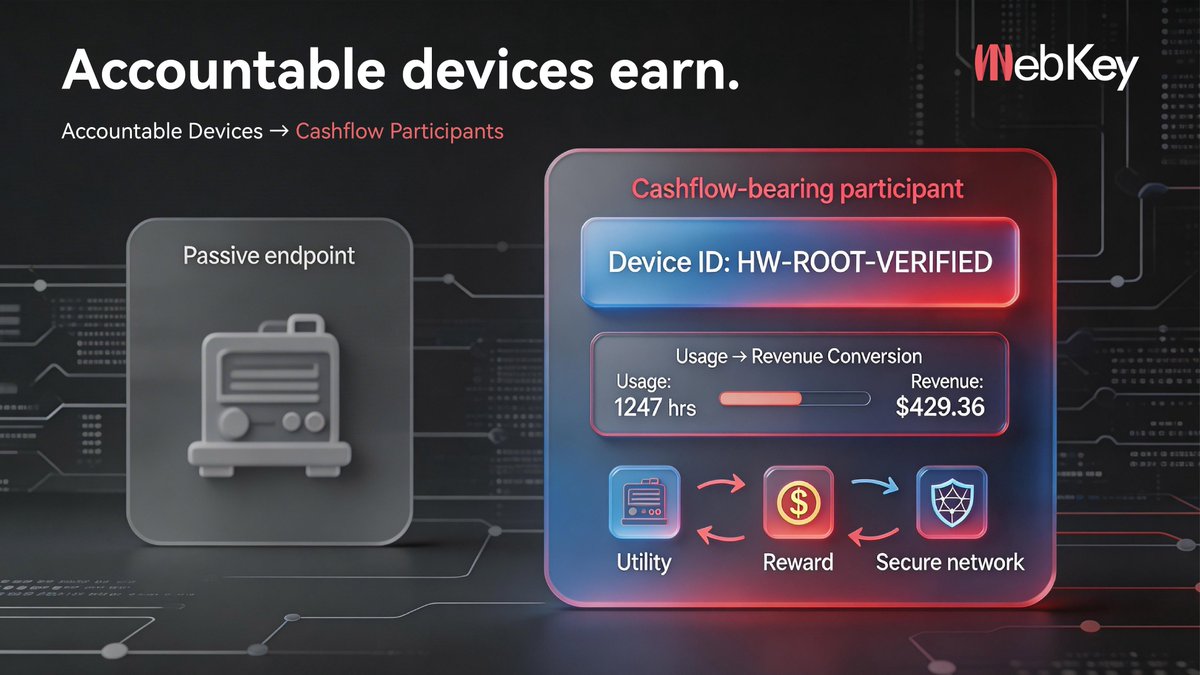 Webkey_1's tweet image. The machine economy doesn’t need more connected devices. It needs accountable ones.

Clean identity, metering, and incentives turn devices into cashflow-bearing participants, not passive endpoints.Utility plus security is how networks scale. 

#MachineEconomy #DePIN #Coordination