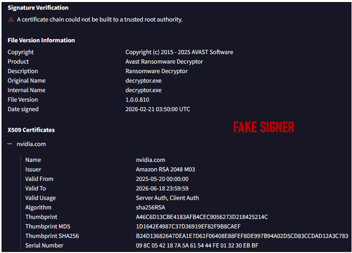 RakeshKrish12's tweet photo. 🧵USING A FAKE SIGNER SERVICE✍🏽

I signed a #Fake #Signer to genuine #Akira #Ransomware #Decryptor

[ORIGINAL]: 53e0234a052a4180162ea8dbec598bdf
[FAKE]: 5c16494178e776d016af0e5de179312e

#antivirus #malware #ThreatIntel #Hack #infosec #security #CyberSecurity #OSINT #CyberSec https://t.co/pkHNcxlqg1