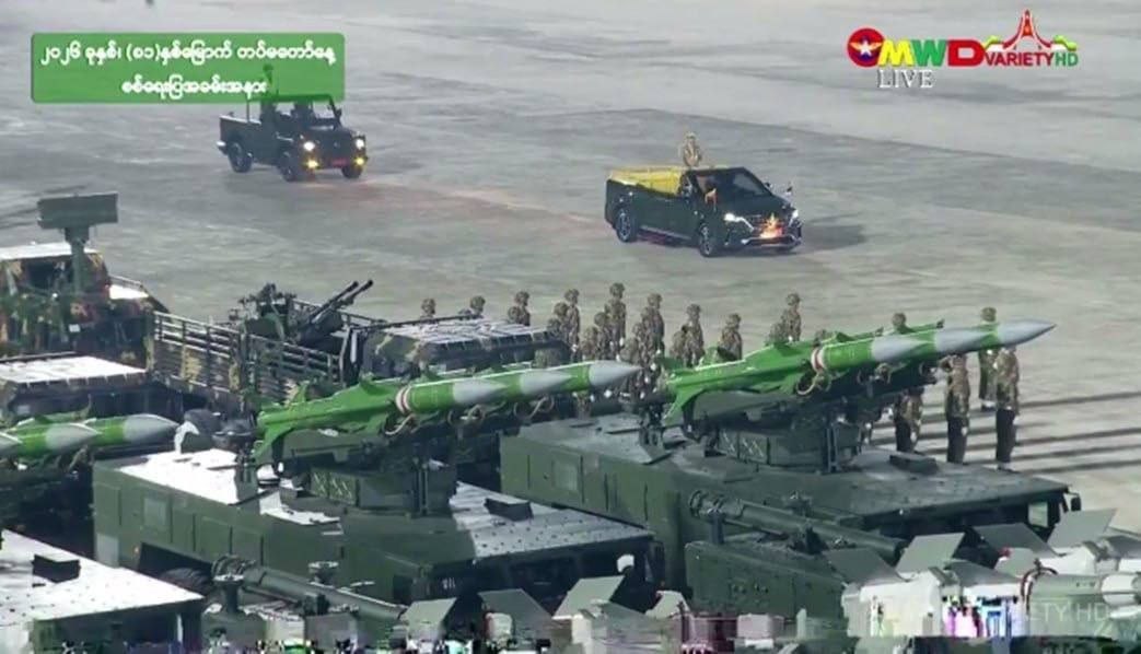 Chairman of SSPC, Commander-in-Chief of Defence Services, Senior General Thadoe Maha Thray Sithu Thadoe Thiri Thudhamma Min Aung Hlaing, reviews the parade columns and mechanized units at the 81st Armed Forces Day military parade.
#81stArmedForcesDay
#WhatsHappeningInMyanmar