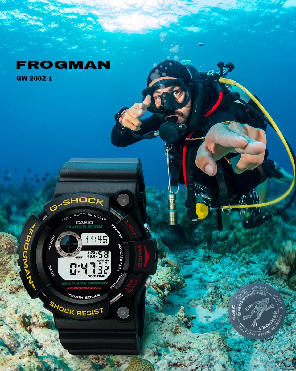 javyscasio's tweet photo. G-SHOCK #FROGMAN ISO 200m water resistance for serious divers! 🐸🌊 Black body, red/yellow lettering, and a diving frog engraving with "200" bubbles. A nod to the 1993 classic. Perfect for ocean lovers! 🕶️🔥
#Javys #GShock #MasterOfG #GW200Z1 #Vintage #潛水錶 #蛙人錶 https://t.co/ohL2rC4H2z