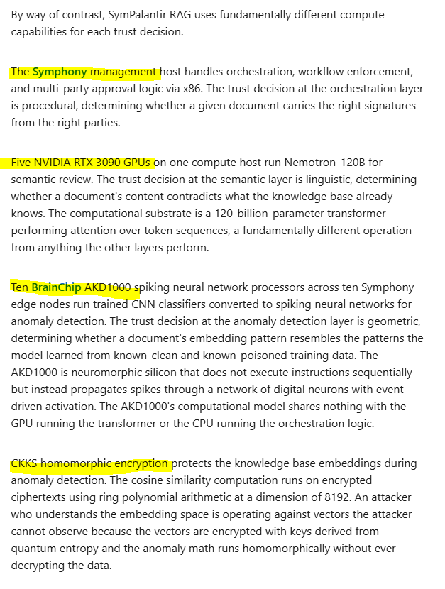 MIAM_Schwan's tweet image. "SymPalantir RAG: Why RAG Security Requires Heterogeneous Compute"

Kevin D. Johnson/Field CTO #IBM never sleeps and therefore, here is his latest post on 

IBM Symphony+BrainChip Akida+GPFS+Palantir Foundry.

Too long to post. full details here: linkedin.com/pulse/sympalan…
$BRN #BRN