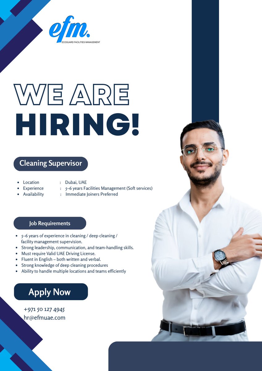 ECOGUARD2025's tweet photo. “WE ARE HIRING!”
Position: Cleaning Supervisor
📍 Job Details

Location: Dubai, UAE
Experience Required: 5–6 years in Facilities Management (soft services)
Availability: Immediate joiners preferred https://t.co/Sw1NpSciIk