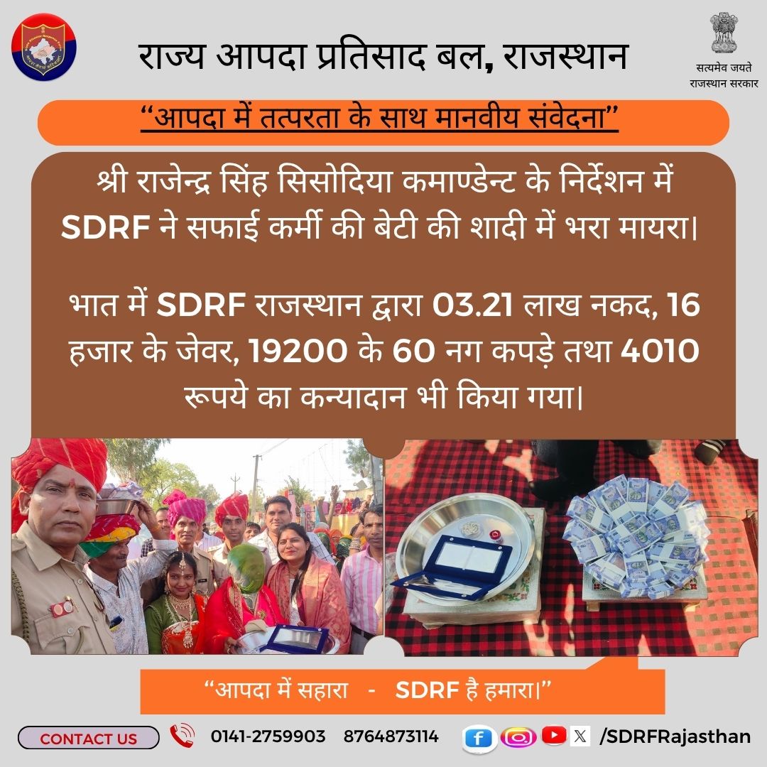 SDRFRaj's tweet image. #helpinghands
‘‘आपदा में तत्परता के साथ मानवीय संवेदना’’

SDRF राजस्थान ने सफाई कर्मचारी की बेटी की शादी में भरा 3.21 लाख का मायरा।  

पिछले 02 से SDRF में कार्यरत है सफाईकर्मी श्री लक्खाराम हरिजन।
@PoliceRajasthan @Sirohikiaawaz @SachBedhadak @zeerajasthan_ @1stIndiaNews