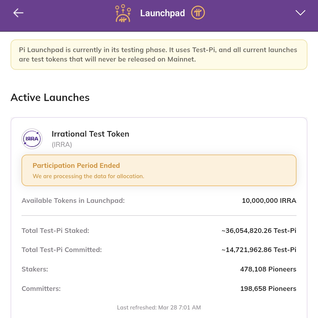WoodyLightyearx's tweet image. The participation period for the IRRA test token on Pi Launchpad has ended with over 478k pioneers who participated. Data is being processed for allocation.