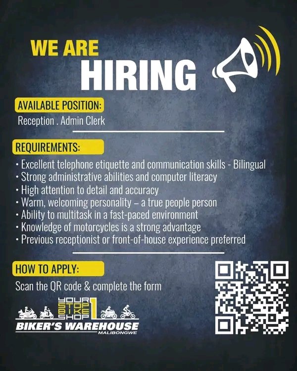 NthabelengDlam5's tweet photo. Plug 🔌 

#jobseekers #Admin #reception #findwork #job

“Northriding Based Motorcycle &amp; Accessories retailer looking for a Receptionist/ Admin clerk. Please email SHORT CV's to jobs@puzey.co.za for review. 

Working Hours Monday-Friday 07H30-17H00 &amp; 2 x Saturdays per month 07H30- https://t.co/mcCNBV6ntb