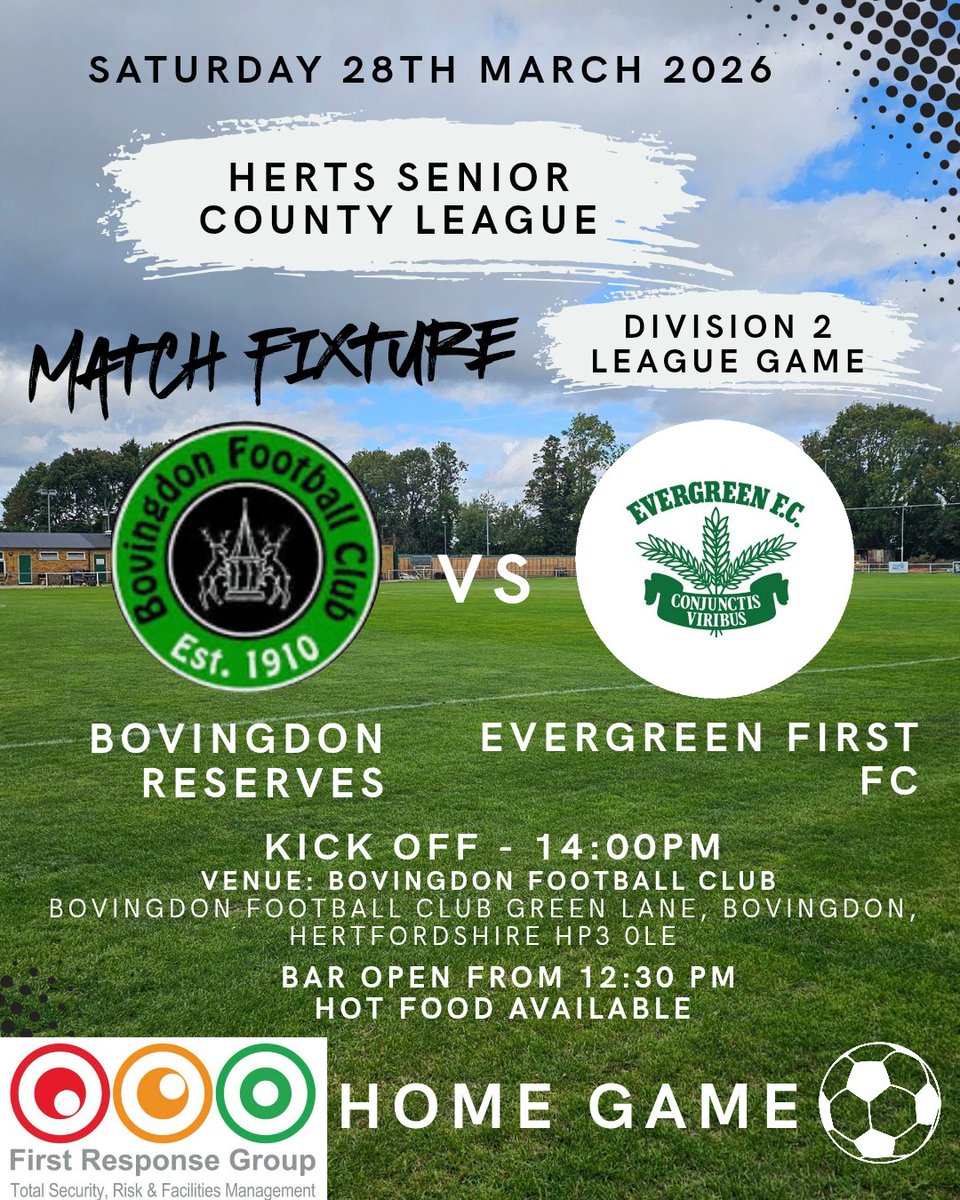 BovingdonResos's tweet photo. 📣📆 Match Day Fixture 📆📣 

Good Morning All, 

This weekend we have another home game, this time up against Evergreen First Fc. 

If you got no plans please come down to support the lads. 

Good luck to all that are playing this weekend 👊🏻. 

Up the Bovi 💚⚽️💚⚽️ https://t.co/4jGxWD23Bh