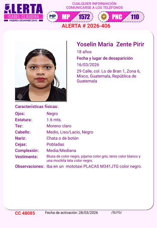 isabel_claudina's tweet photo. #AlertaIsabelClaudina
🚨 Ayúdenos a encontrar
Yoselin Maria Zente Pirir
Desapareció el 16de marzo del año 2026
 Cualquier información comunicarse al teléfono 📞 1572
Gracias por difundir esta información❗ https://t.co/Ee5tEGzK6H