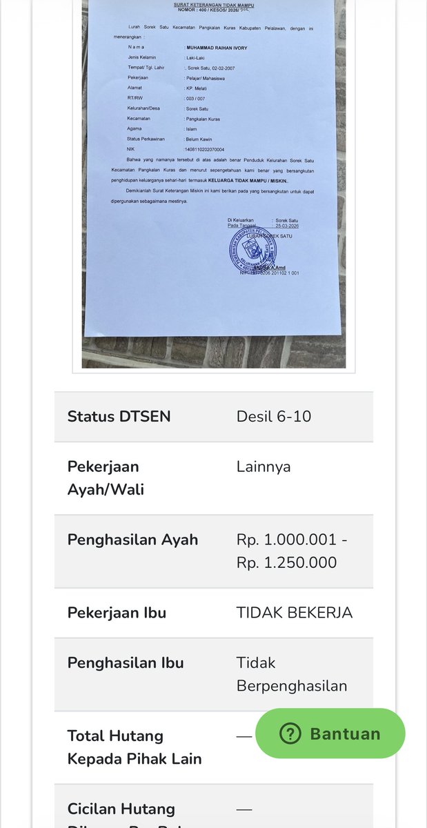 RehanVry's tweet photo. @olinpsych Halo Kak Olin
aku sempet kuliah di fh unair tahun lalu. tapi karena kendala ekonomi aku mutusk buat keluar. tahun ini aku utbk lagi dan pakai KIPK. aku ga tau kenapa bisa desil 6-10, tapi sudah 3 hari aku ngurus penurunan desil. Terima kasih kak Olin🙏 https://t.co/vd7PO71z0S