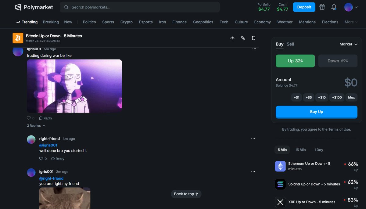 546Villain's tweet photo. LMAO GUYZZZ JUST STARTED A TREND IN POLYMARKET COMMENT SECTION SEND YOUR FAV GIF IN 5 MINUTE BTC CHARTS LFGG LOVING THIS GIF SECTION 

@igris001
0xdeBeFe72ab43B83aE934E1a66343204899F6C077
this my polymarket acc details lol 

@Polymarket @PolymarketIntel https://t.co/m90I1DgUFF
