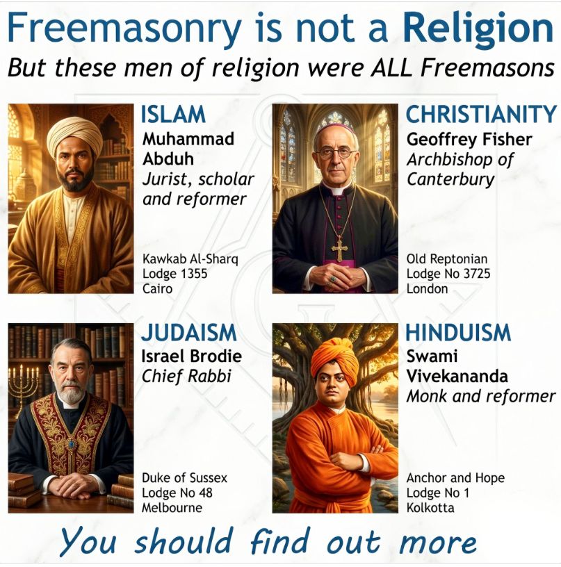 FreemasonryNetw's tweet photo. From Islam to Christianity, Judaism to Hinduism, iconic figures from diverse faiths have found a common ground within the lodge.

#Freemasonry #UniversalBrotherhood #UnityInDiversity #FaithandFraternity #Tolerance #Understanding #Light #BrotherlyLove #Truth https://t.co/mAk63QMeWk