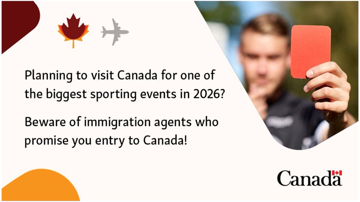 CanHCZA's tweet photo. Planning to visit Canada for one of the biggest sporting events in 2026? Beware of immigration agents who promise you entry to Canada!

#FIFAWorldCup #WeAreCanada https://t.co/R30R7hxnYh