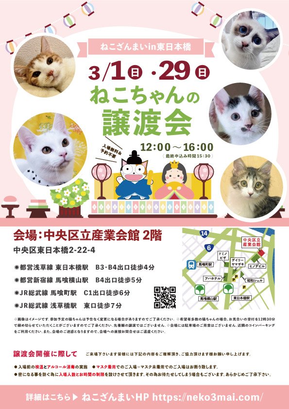 neko3mais's tweet photo. 明日3/29、ねこざんまい譲渡会@東日本橋を開催します！
都内から熱海から山梨から、本当の家族との出会いを求めてたくさんの保護猫さんが参加します。
満開の笑顔でみなさまのご来場をお待ちしています😊🌸

2026/3/29(日)12:00~16:00
中央区東日本橋2-22-4
産業会館2階
💚予約不要💚 https://t.co/jeCIMnruP2
