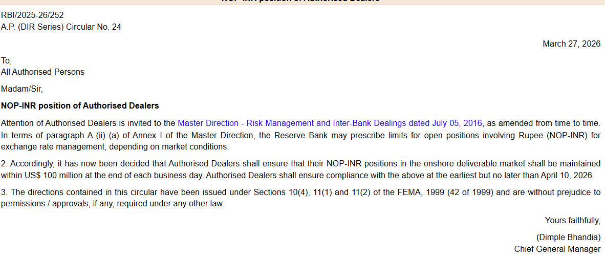 RBI tells banks to reduce net open positions for INR down to $100m. 

Banks had perhaps been betting recently on RBI doing dollar swaps to take out their excess dollar positions (RBI buys dollars from them for a three year swap at relatively low interest rates effectively)

RBI