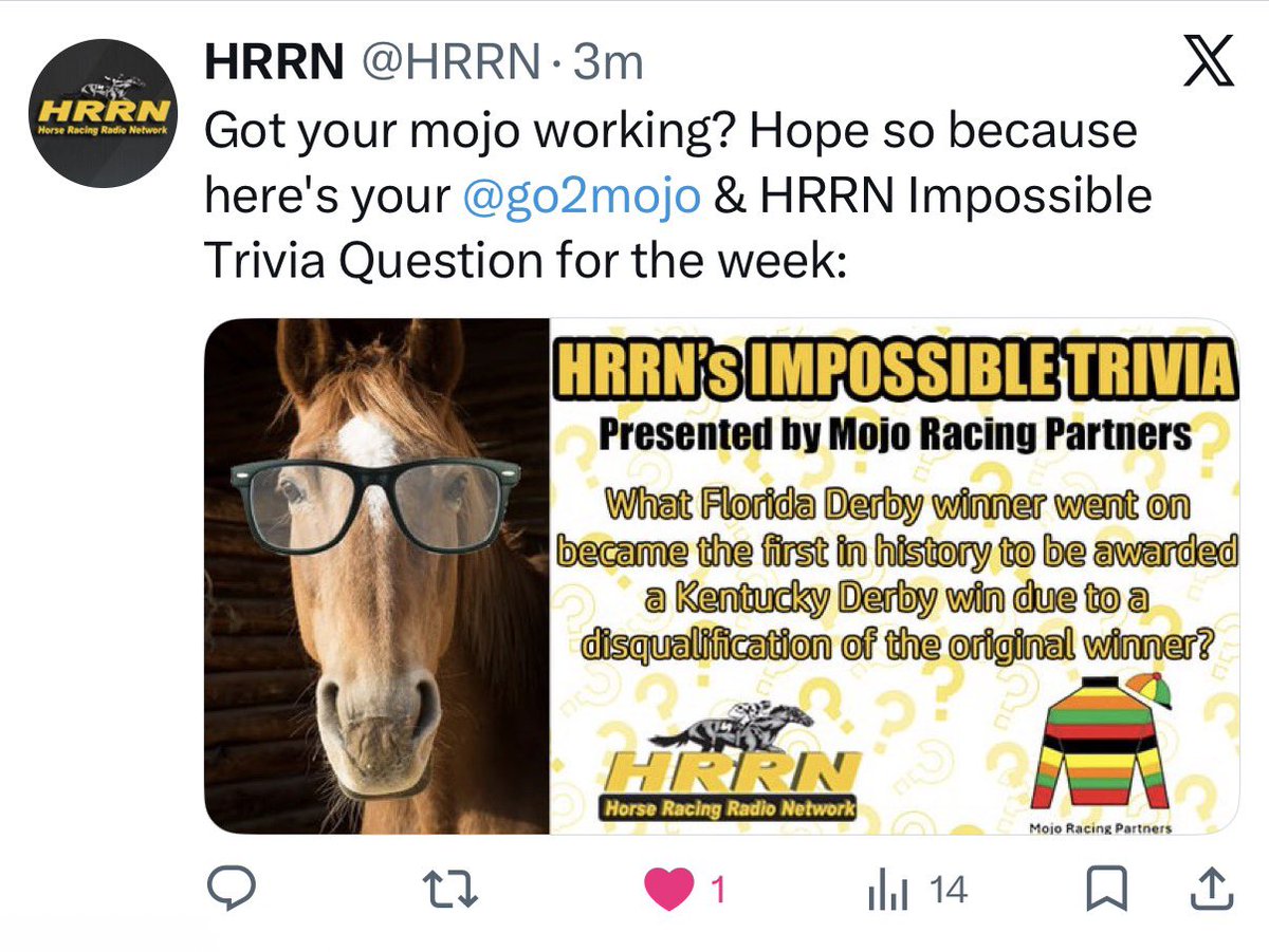 Big 🏇🏆🌹Prep Day and today’s <a href="/HRRN/">HRRN</a> Impossible Trivia Question features a plot twist. Do you know what it is?