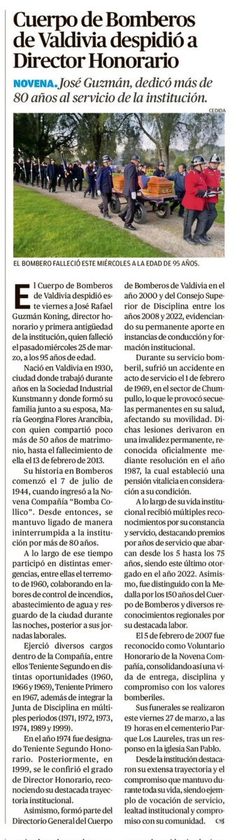 BomberosdeChile's tweet photo. 𝗣𝗥𝗘𝗡𝗦𝗔 | Cuerpo de Bomberos 
de Valdivia despidió a Director Honorario.
Fuente: El Austral de Los Ríos. https://t.co/YhtbW1xjE8