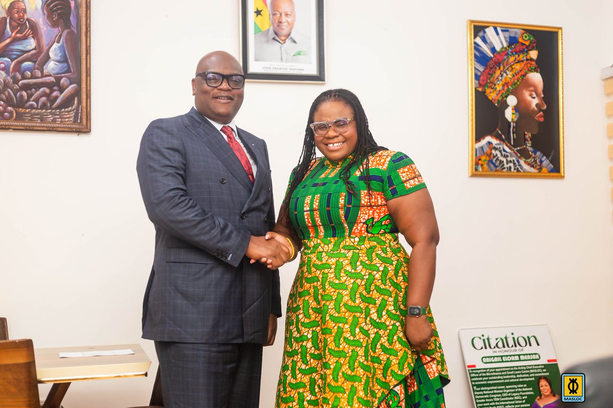 maslocgh's tweet photo. GIPC CEO, Mr. Simon Madjie, met with MASLOC CEO, Madam Abigail Mensah, to deepen strategic collaboration! Discussions focused on MASLOC Diaspora Investor/Entrepreneur matching project to support Ghanaian enterprises &amp; drive economic growth https://t.co/MAEmejbJLQ