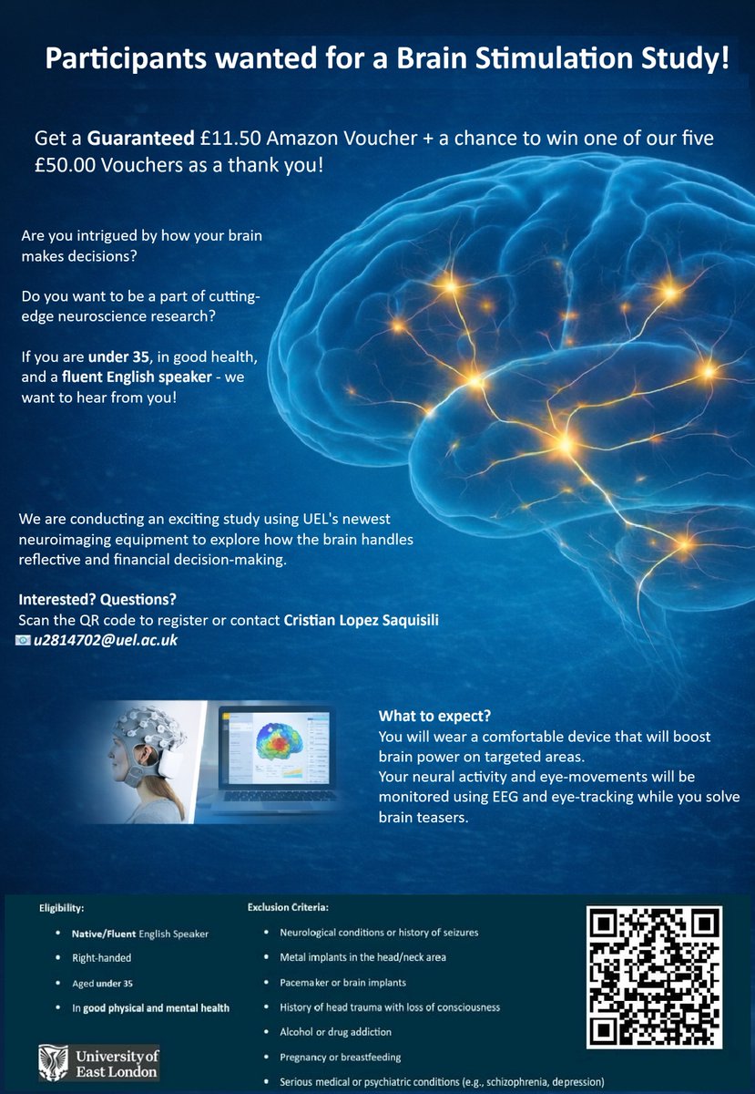 ulrichettinger's tweet photo. In a collaborative study with Volker Thoma @volkergeist and team at the University of East London @UEL_News we are looking for volunteers to take part in an exciting (literally) brain stimulation study in London! For further information go here: https://t.co/aoshHZgx43 https://t.co/x2e3EQyPR6