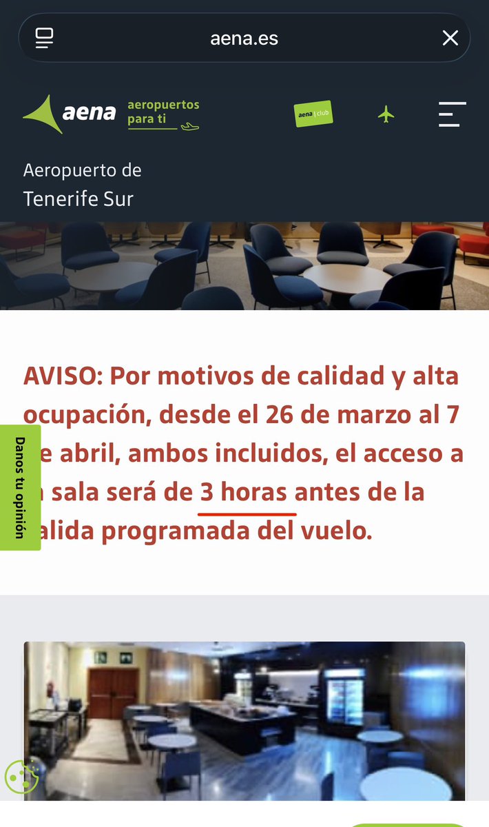 TenerifeVial's tweet photo. Atención a esta discrepancia del servicio de Salas VIP de @aena para los Socios (Unlimited) del @RACE_es 
Pasan de 4h a 3h sin avisar a los Socios en Semana Santa. 
Te prometen en el contrato 4h y te dan restricciones sorpresa.
*He puesto reclamación por escrito. 

/ @consumogob https://t.co/Jo01bdc4Jg