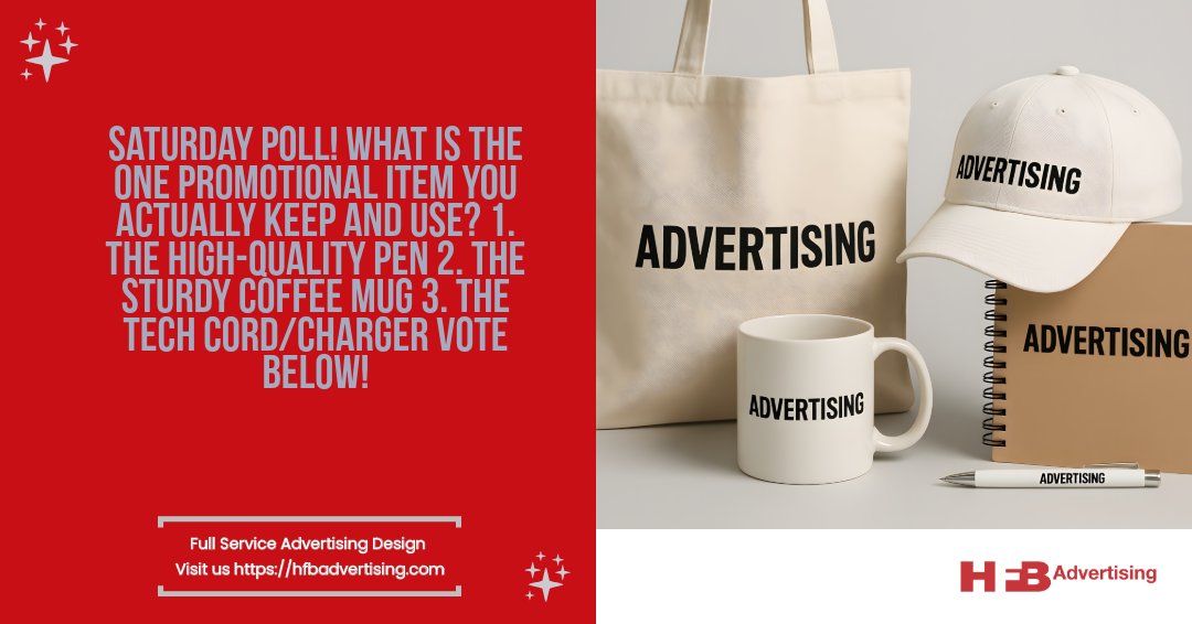 hfbadvertising's tweet image. Saturday Poll! 🎁 What is the one promotional item you actually keep and use? 1️⃣ The high-quality Pen 🖊️ 2️⃣ The sturdy Coffee Mug ☕ 3️⃣ The tech Cord/Charger 🔌 Vote below! #CustomerEngagement #SaturdaySocial #PromoItems