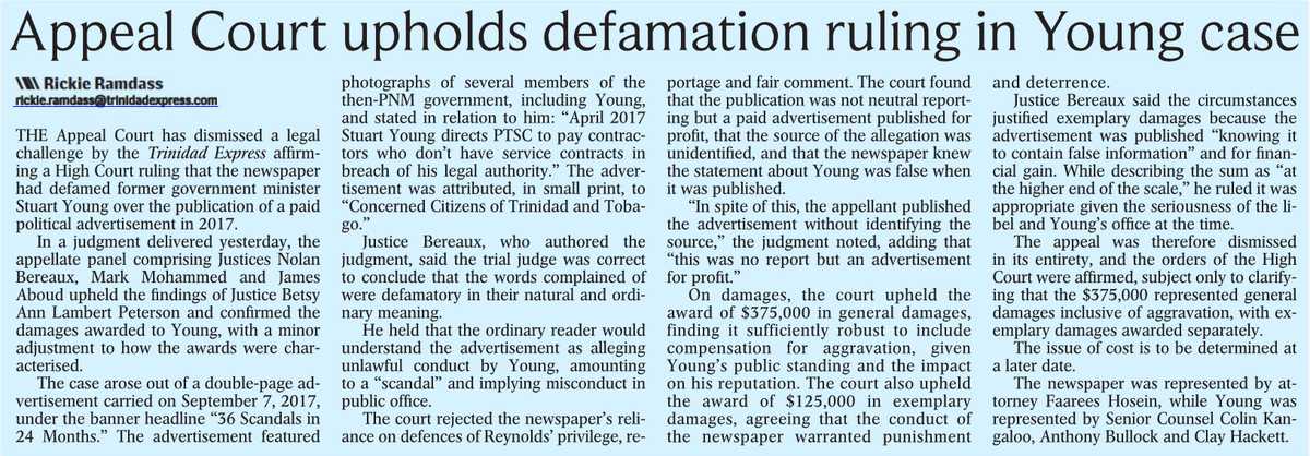 BrentDWinter's tweet image. The Court of Appeal has upheld the defamation ruling of Justice Lambert-Peterson against the Express Newspaper @expressupdates in the Stuart Young case... #defamation