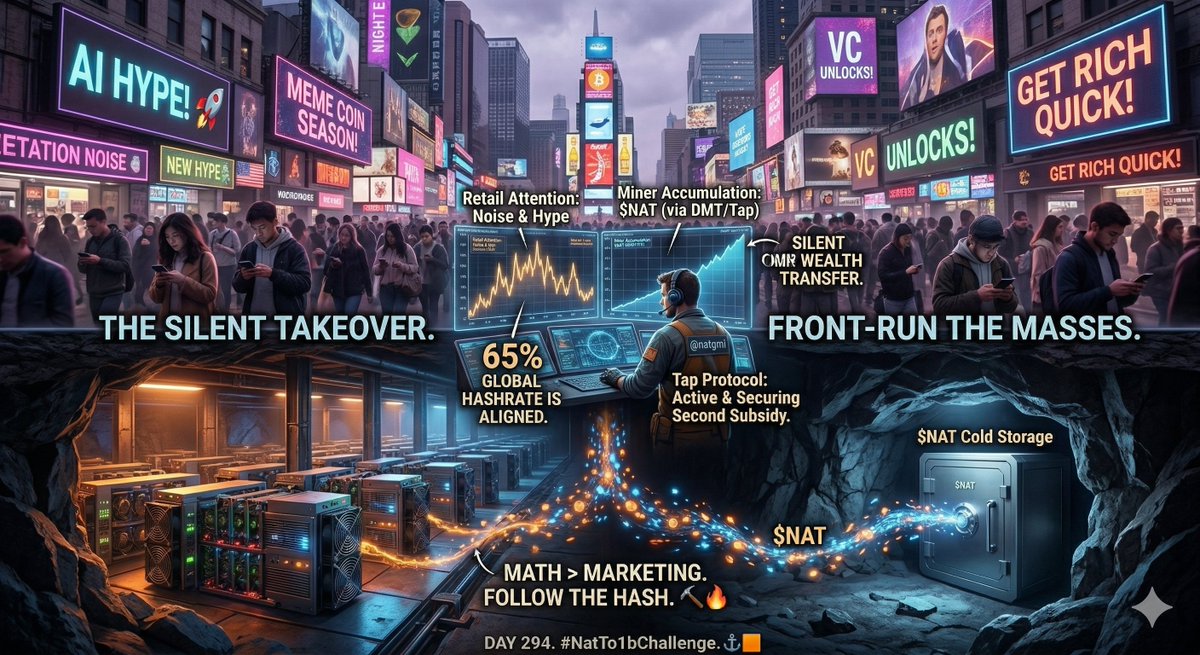 Day 294 | #NatTo1bChallenge 

The greatest wealth transfers in history don’t happen with loud marketing campaigns. They happen in absolute silence. 🤫

Right now, there is a massive divergence in the crypto market: Retail is chasing loud attention (AI narratives, meme coins, VC