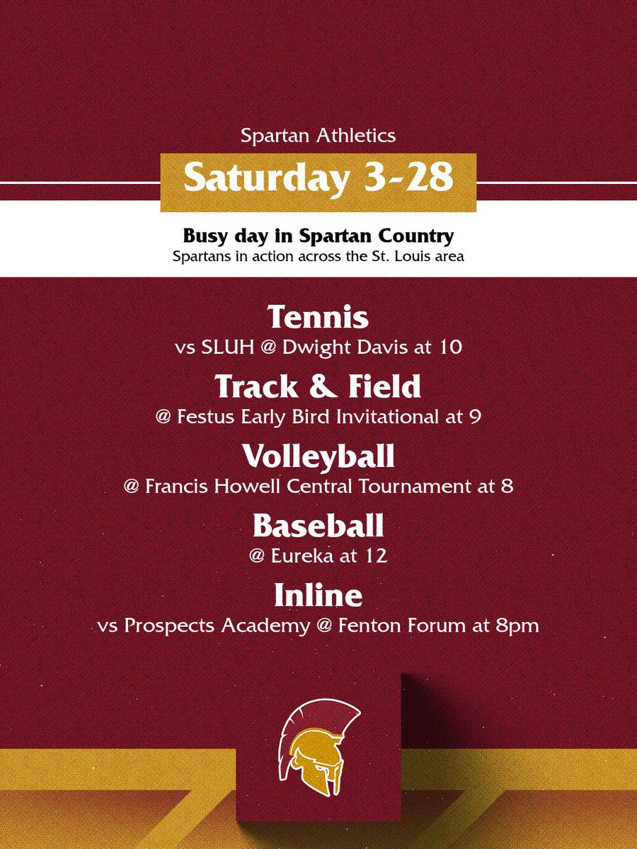 DeSmetJesuitHS's tweet image. Busy day in #Spartan Athletics today

Good luck to our @DeSmetTennis @DeSmetTrackXC @DeSmetJesuitVB @DeSmet_Baseball @DeSmetInline who are all in action today #LetsGo @DeSmet_ADBarker @STLhssports