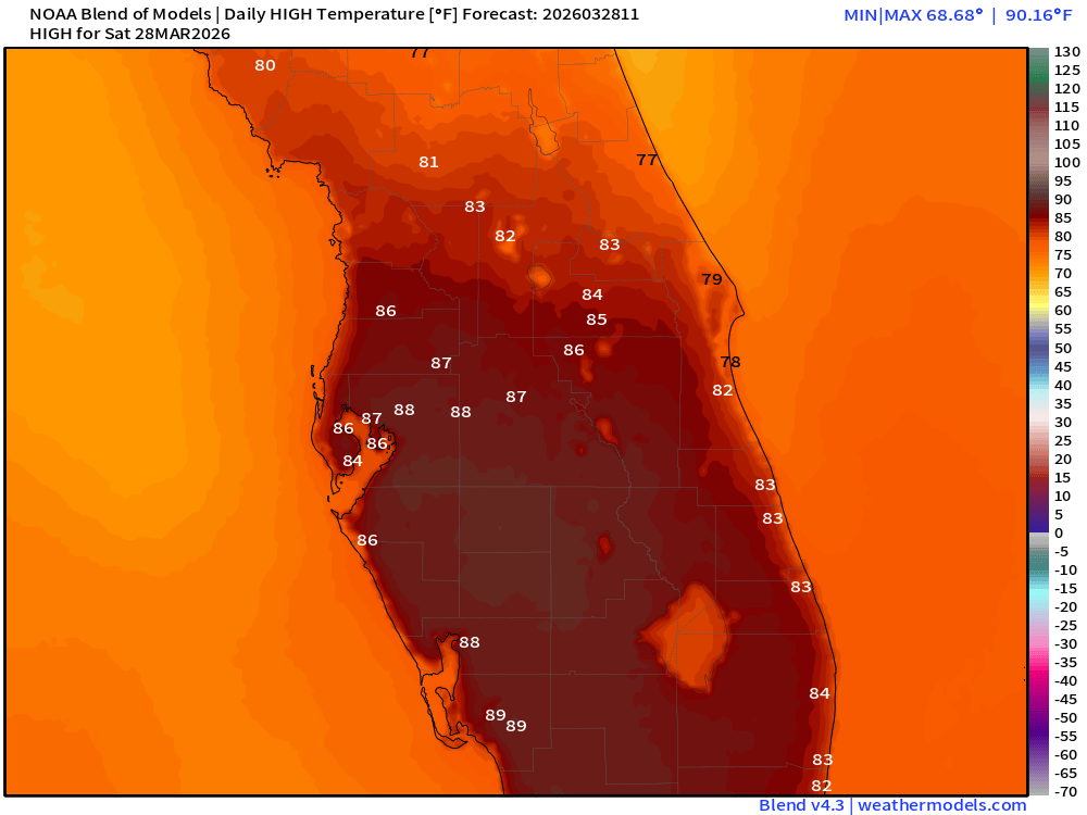 PC_WeatherBoy's tweet photo. Wow, another warm one today across Central to South FL! 📷  Enjoy it if you can. Things change tomorrow! A cold front is swinging through tomorrow, and it's going to drop those high temps for your Sunday. #FloridaWeather #ColdFront #WeekendVibes #SoFlo #CentralFL https://t.co/L8WSl4U3vU