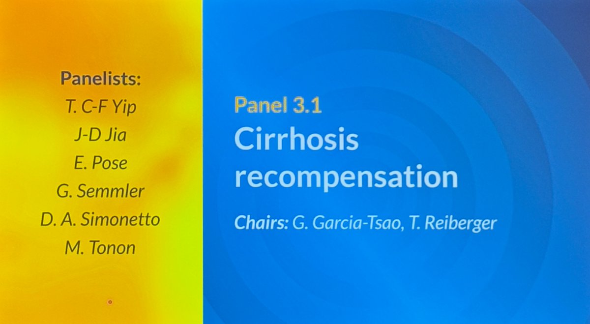 Panel 7 at #BavenoVIII: Recompensation
🗣️ Chairs: <a href="/ggarciatsao/">Guadalupe GarciaTsao</a> <a href="/ReibergerThomas/">Thomas Reiberger</a> 
👥Panelists: T.C-F Yip, J-D Jia, <a href="/PoseElisa/">ELISA POSE</a>, G. Semmler, D.A. Simonetto, M. Tonon

Statements highlights 🧵:
1⃣ Definition improved 
2⃣ Recompensation is possible—even after TIPS