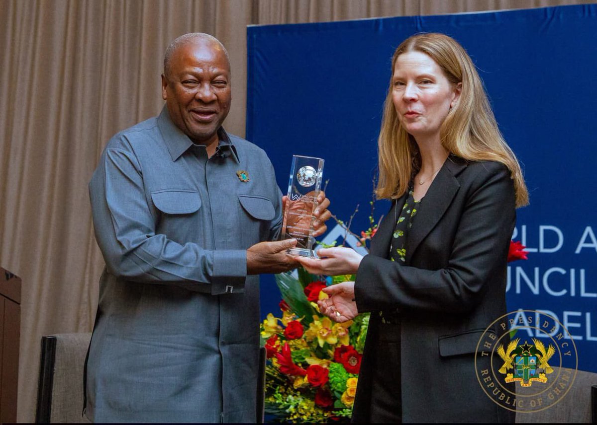 GhanaPresidency's tweet photo. PHOTOS: President John Dramani Mahama has been honoured with the International Statesperson Award by the World Affairs Council of Philadelphia its highest recognition for exemplary global leadership.

First presented in 1973, the award celebrates distinguished international figures whose contributions advance peace, freedom, and enduring impact on global affairs. President Mahama becomes the first African leader to receive this prestigious honour.

In his remarks, President Mahama attributed his dedication to global peace and development to the enduring legacy of Africa’s great leaders, including Dr. Kwame Nkrumah, Nelson Mandela, and Kenneth Kaunda.

#MahamaThePresident