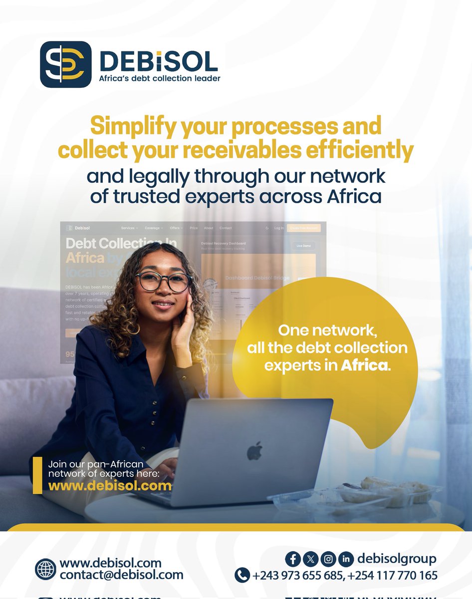 Debisol_Global's tweet photo. Connecting with local debt collection experts across Africa.

Contact us now for debt collection 
https://t.co/ZKmKCeG93T

#Debisol #Debisolgroup #DebisolBridge #credit #Debtcollectioninafrica
#LocalDebtCollection

Find best Debt collection service in Africa https://t.co/LKTcu6hBTf