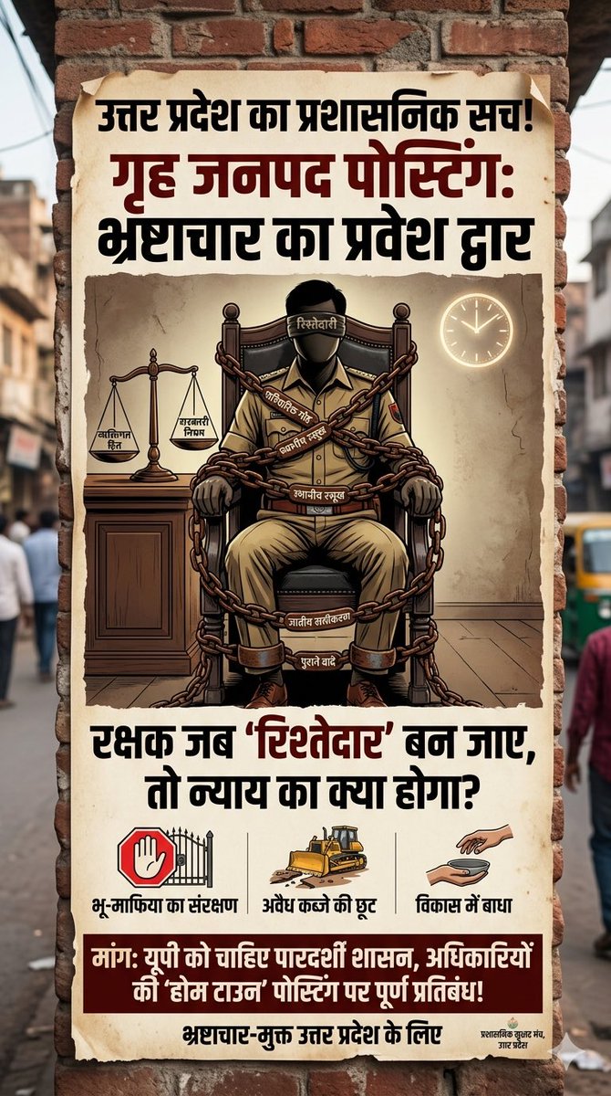 सीधी माँग !
यूपी की प्रशासनिक व्यवस्था में ग्रेड 1 के अधिकारियों को गृहजनपद के 500 किमी तक पोस्टिंग नहीं मिलनी चाहिए !
वैसे भी इतनी सुविधाएं हैं की घर की क्या ही ज़िम्मदारी उठानी होगी ?
#Transfer 
#Posting