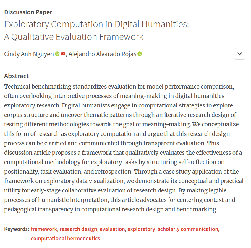 up_johd's tweet photo. #johdpapers #discussionpaper
📚 "Exploratory Computation in Digital Humanities: A Qualitative Evaluation Framework"
✍️ @cindyanguyen, Alejandro Alvarado Rojas
➡️ https://t.co/GGTJpF3ZB0
#DigitalHumanities #OpenData #ScholarlyCommunication https://t.co/b4MkdOk9hX