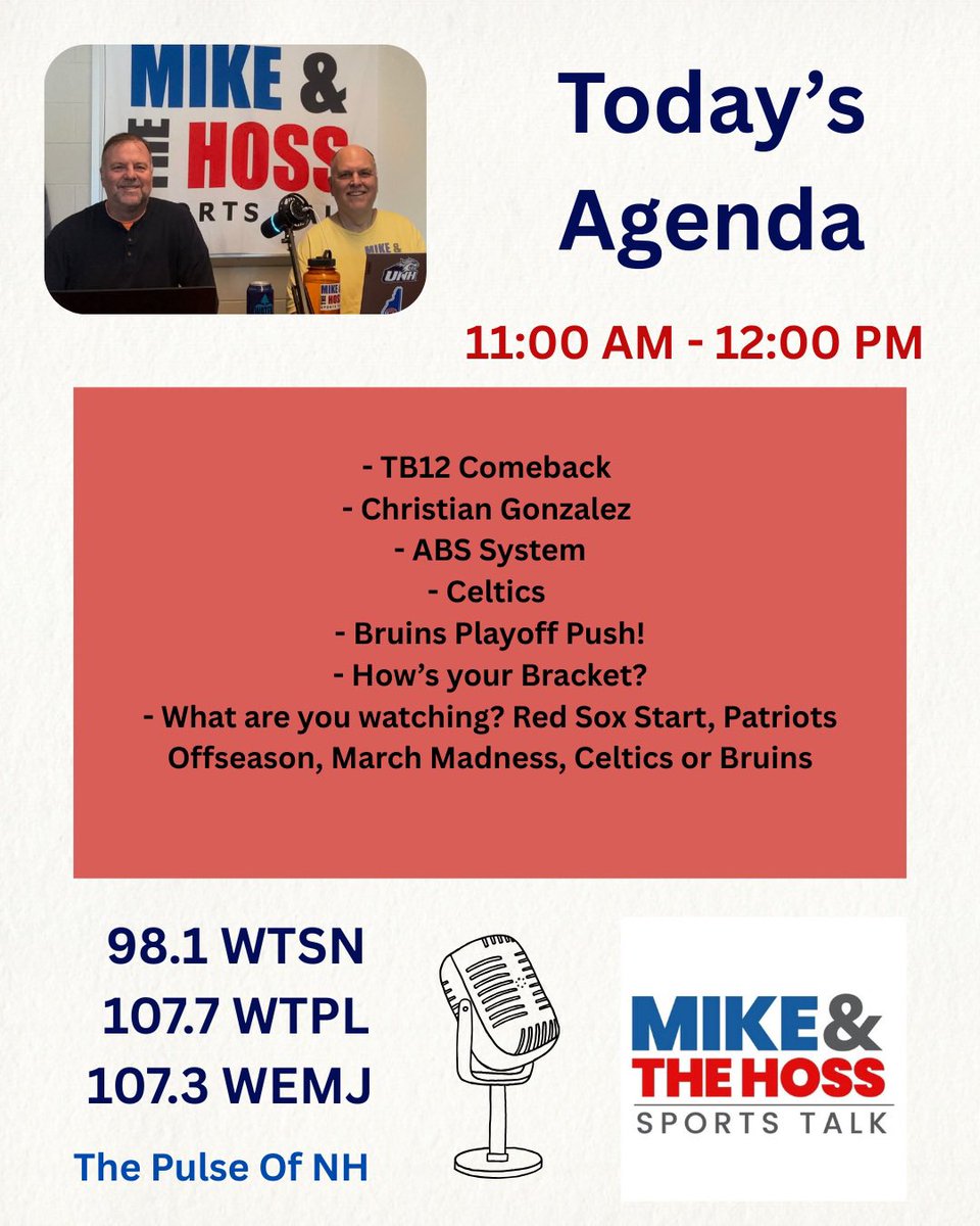mikeandthehoss's tweet image. We will be LIVE at 11:00 AM on @thepulseofnh Facebook livestream &amp;amp; the radio! 

If you answer today’s trivia question correctly, you could win yourself a Yum Yum shop gift card! Do you like your gingerbread men with or without frosting? 

#sportstalk #yumyumshop #newengland