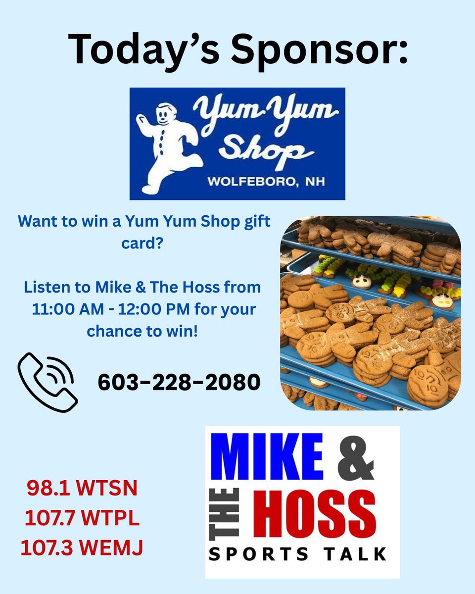 mikeandthehoss's tweet image. We will be LIVE at 11:00 AM on @thepulseofnh Facebook livestream &amp;amp; the radio! 

If you answer today’s trivia question correctly, you could win yourself a Yum Yum shop gift card! Do you like your gingerbread men with or without frosting? 

#sportstalk #yumyumshop #newengland