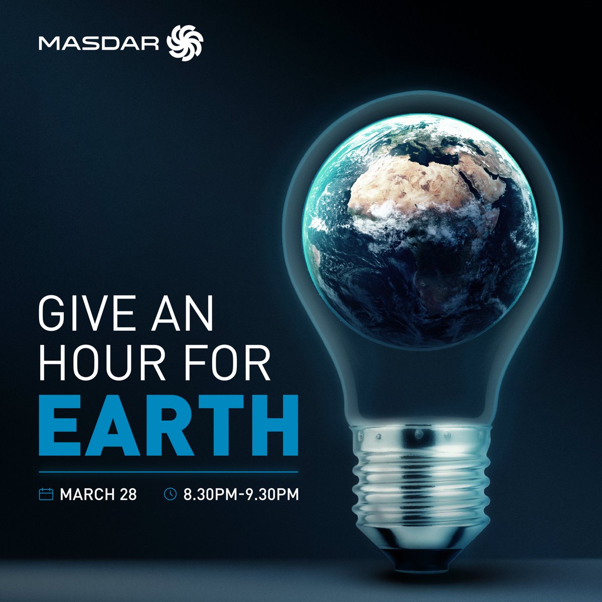 Masdar's tweet image. This #EarthHour, give an hour for our planet and be part of a global moment of unity and action.

Switch off your lights today at 8.30pm local time and be part of the #BiggestHourForEarth.

#Masdar #ThePowerOfNext