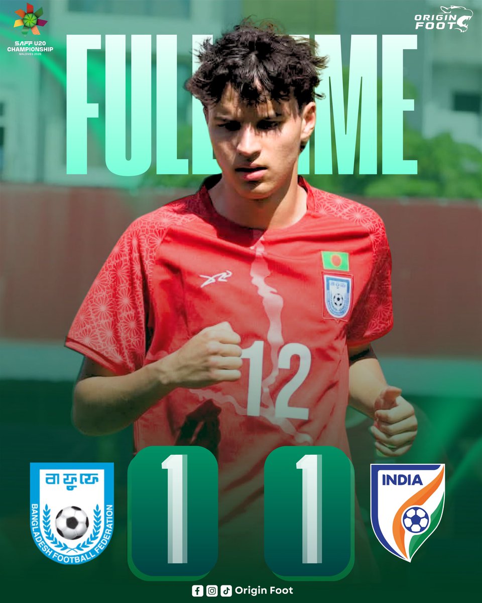OriginFoot_bd's tweet photo. ⏰ FULL TIME
🇧🇩 Bangladesh 1️⃣—1️⃣ India 🇮🇳

SAFF U20 CHAMPIONSHIP 2026

#OriginFoot #BangladeshFootball #BANvsIND https://t.co/WVoWlxZ7ZJ