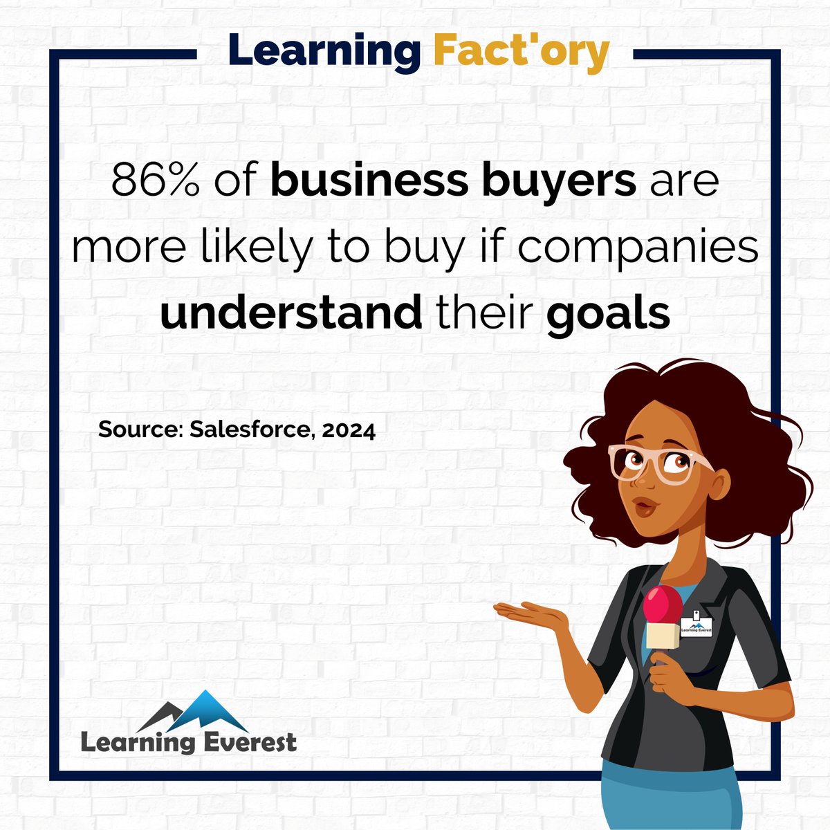 LearningEverest's tweet photo. 86% of business buyers are more likely to buy when companies understand their goals.
Source: Salesforce, 2024
#Learningfactory #Learningeverest #B2BSales #CustomerExperience #SalesStrategy #BusinessGrowth https://t.co/lwNuUD79hH