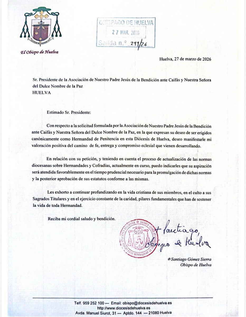 🔔 ÚLTIMA HORA | LA ASOCIACIÓN PARROQUIAL DE NUESTRO PADRE JESÚS DE LA BENDICIÓN Y DULCE NOMBRE DE LA PAZ SERÁ ERIGIDA PRÓXIMAMENTE COMO HERMANDAD DE PENITENCIA

La asociación ha recibido un comunicado oficial de la Diócesis de Huelva, en la que se expresa una valoración…