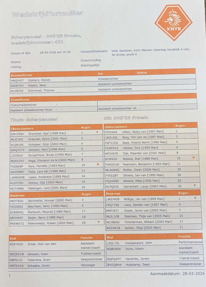VVScherpenzeel's tweet photo. Opstellingen van beide elftallen vanmiddag bij @VVScherpenzeel tegen DVS aanvang 14.30 #vvsdvs https://t.co/9zYTl8kn2n