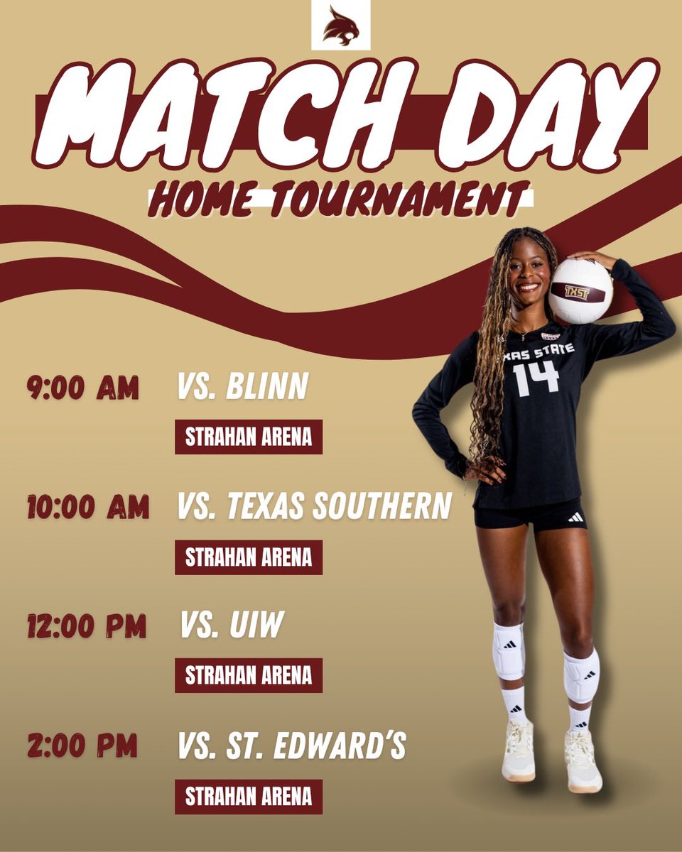 TexasStateVball's tweet photo. Four months later, its match day again! 😼

🆚 Blinn, Texas Southern, Incarnate Word &amp; St. Edward’s
⏰ 9 am, 10 am, 12pm &amp; 2pm
📍 Strahan Arena

#EatEmUp https://t.co/E8ldgajtLW