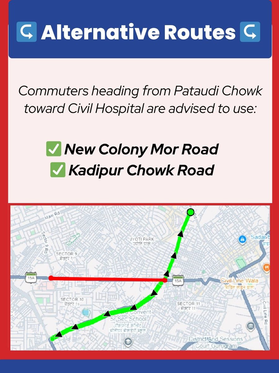 TrafficGGM's tweet image. Traffic Advisory | Gurugram MCG Sewer Line work: 28–30 March, 10 PM – 6 AM Pataudi Chowk → Civil Hospital stretch CLOSED. Use New Colony Mor Road or Kadipur Chowk Road instead. Plan your route. Avoid delays.
#GurgaonTrafficPolice #TrafficAdvisory #GurugramTraffic