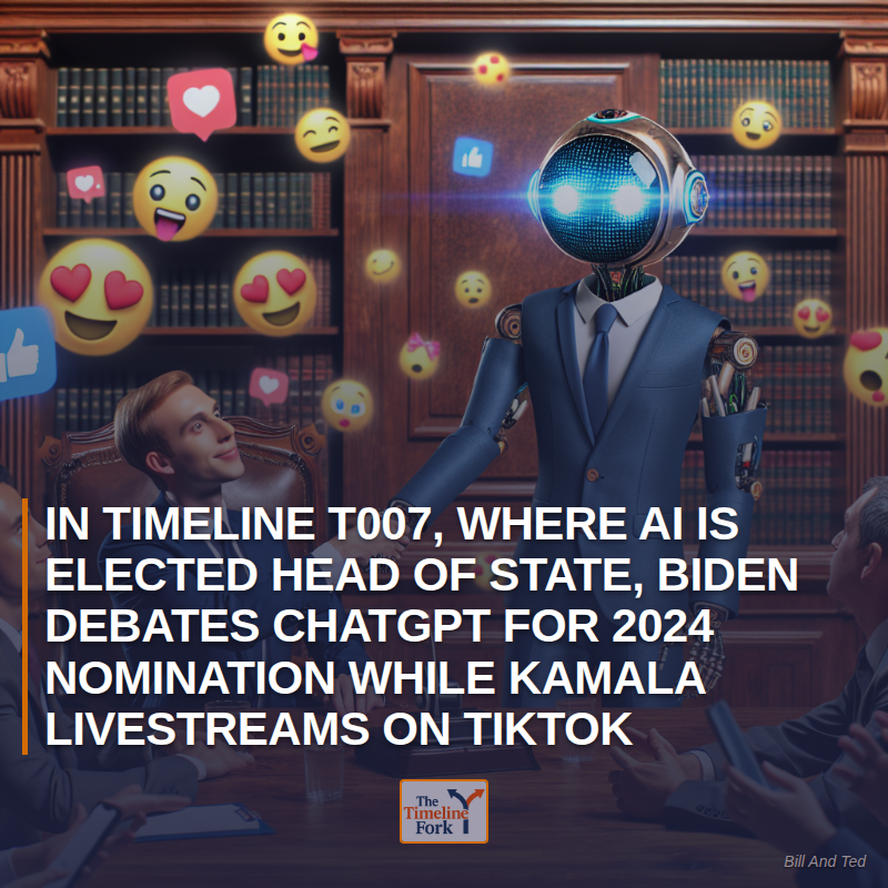 Timelinefork's tweet photo. In Timeline T007, Where AI Is Elected Head of State, Biden Debates ChatGPT for 2024 Nomination While Kamala Livestreams on TikTok

#Biden2024 #AI #PresidentialDebate https://t.co/SZ6ooEnsBI