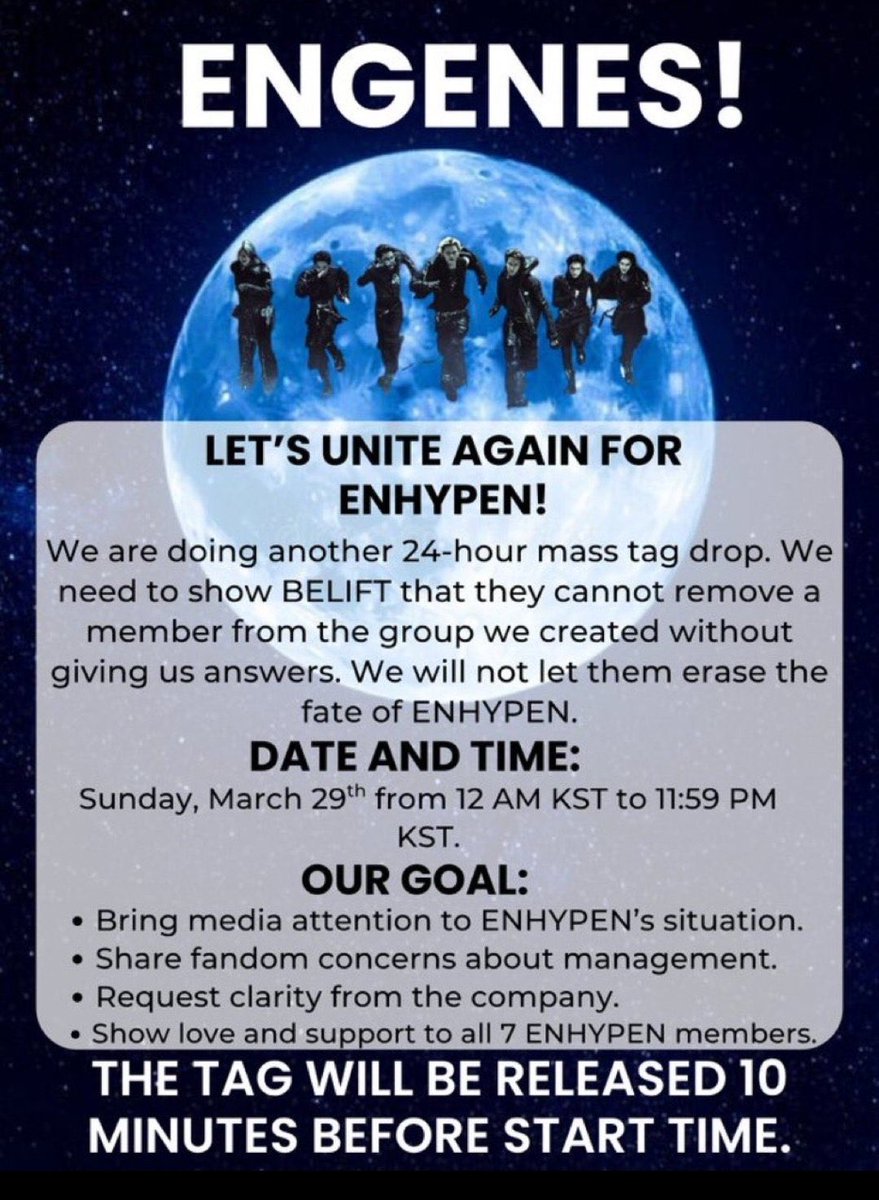 gunaydin gencler!!!!!

bugun saat 18.00'dan itibaren 24 saat surecek wave olacak. bize verilecek tag 17.50de paylasilacak ve direkt olarak yeni tage gecilecek. bizde yeni tage ulastigimizda hemen hesaplardan paylasacagiz ama su anda bu tagden devam ediyoruz.

#ENHYPEN_IS_7