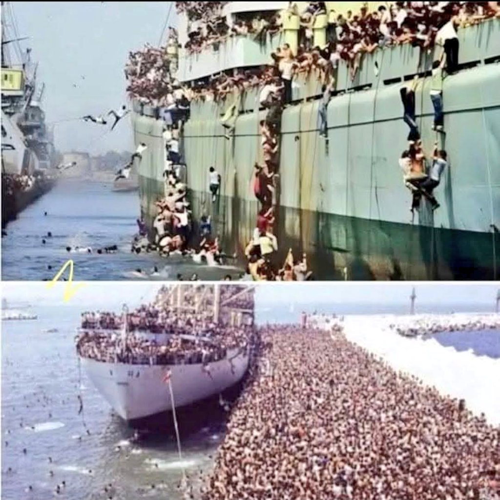 ALqasmi801's tweet photo. ⏪️ هذه الصور المؤثرة توثق واحدة من أشهر رحلات النزوح الجماعي في التاريخ الحديث، وهي هجرة الألبان إلى إيطاليا في أغسطس عام 1991.

​تظهر الصور السفينة التجارية الضخمة "فلورا" (Vlora) وهي تدخل ميناء باري الإيطالي، وعلى متنها آلاف البشر الذين ضاقت بهم السبل بعد انهيار النظام الشيوعي في ألبانيا.

​قصة السفينة "فلورا" (1991)
​في تلك الفترة، كانت ألبانيا تمر بحالة من الفوضى السياسية والانهيار الاقتصادي التام، مما دفع الآلاف للركض نحو الموانئ بحثاً عن حياة أفضل في "الغرب" (إيطاليا تحديداً).
​الاختطاف الجماعي: في 7 أغسطس 1991، كانت السفينة "فلورا" عائدة من كوبا محملة بالسكر، فاجتاحها قرابة 20 ألف شخص في ميناء دوريس الألباني، وأجبروا القبطان على الإبحار بها نحو إيطاليا.

​المشهد المأساوي: كما يظهر في الصور التي أرفقتها، كانت السفينة مكتظة لدرجة أن الناس كانوا يتشبثون بجوانبها، ويتسلقون الحبال، بل ويقفزون في الماء من شدة التزاحم ونقص الطعام والماء.

​الوصول إلى باري: عندما وصلت السفينة إلى ميناء باري في اليوم التالي، واجهت السلطات الإيطالية أزمة إنسانية كبرى، حيث وصفت الصحافة العالمية المشهد بأنه "غزو إنساني".

​ما الذي تعبر عنه الصور؟
​الصورة العلوية: توضح كيف كان المهاجرون يتسلقون هيكل السفينة ويخاطرون بحياتهم للتمسك بأي مساحة صغيرة.

​الصورة السفلية: تظهر السفينة وهي تبدو وكأنها مغطاة بالكامل "بالبشر" وليس بالبضائع، مما يعكس حجم اليأس والبحث عن الأمل.

​هذه الحادثة تظل حتى اليوم رمزاً قوياً للهجرة الناتجة عن الانهيارات السياسية والاقتصادية.