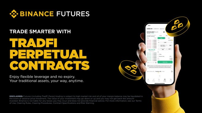 Joshual754's tweet photo. Tired of switching apps for stocks, commodities, and crypto? 

Binance TradFi Perpetual Contracts have it all. Trade gold, silver, top stocks &amp; indices with leverage, USDT settlement, and no expiry.

One platform. Every asset class. Always open. https://t.co/nNA3HZ2IES