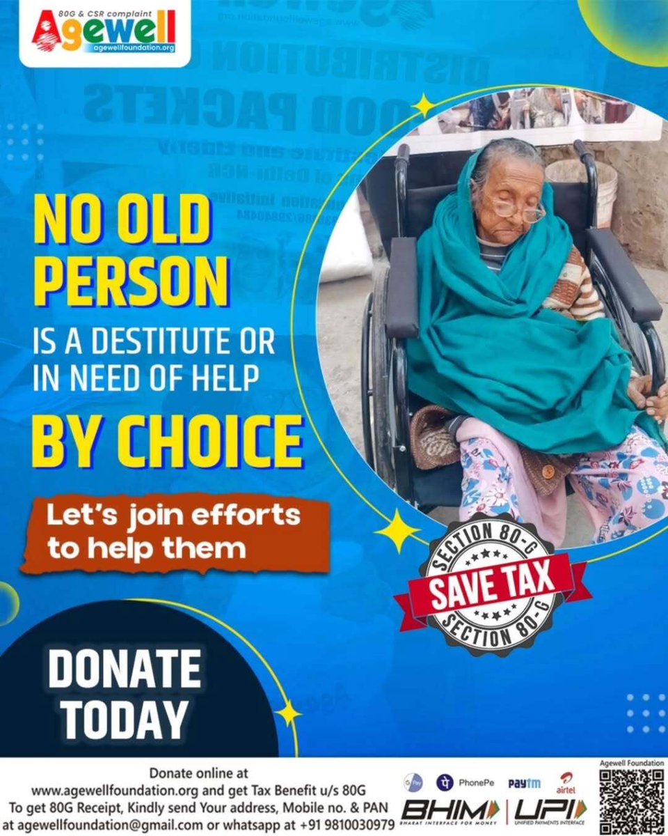 letsagewell's tweet photo. No elderly person chooses to struggle. Yet, many are left without basic necessities, care, and dignity. 💔

With your support, we can provide food, ration kits, adult diapers, and wheelchairs to those in need.

🌟 Your kindness not only changes lives but also helps you save tax under Section 80G!

Let’s stand together and give them the respect and comfort they deserve. Donate today!

🔗 Donate now: https://t.co/FfrLrPbsPv

#ElderlyCare #DonateNow #SaveTax #AgeWellFoundation