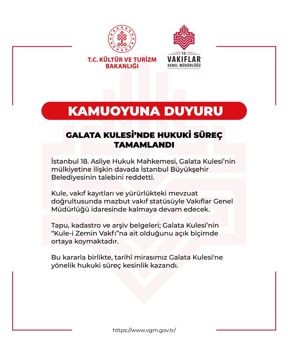Galata Kulesi davasında karar açıklandı.
Kule Vakıflar Genel Müdürlüğünde kalmaya devam edecek.