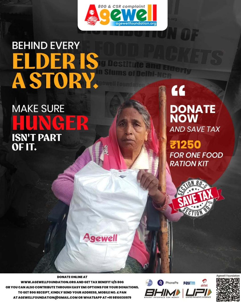 letsagewell's tweet photo. Behind every wrinkle is a lifetime of stories, stories of struggle, resilience, and love. But no elder should have a story that ends in hunger. 👵✨

Your small contribution can ensure a dignified meal for an elderly person today.

The best part? Doing good also does good for you.
When you donate ₹1250 for a ration kit, you're not just filling a plate; you're also saving on your taxes under Section 80G. It’s a win-win for the heart and the wallet. ❤️💼

Donate now at https://t.co/ikyHBjm0Qa or simply scan the QR code.

#AgewellFoundation #OldAgeCare #DonateNow #SaveTax
